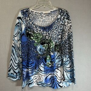 Beta's Choice Size XXL Multi Color Blues Black Floral Animal Print Top Beaded